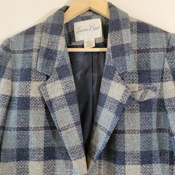 Lawrence Bruce Navy Gray Plaid Wool Blend Blazer 12P Single Breasted Minimalist - Picture 3 of 11